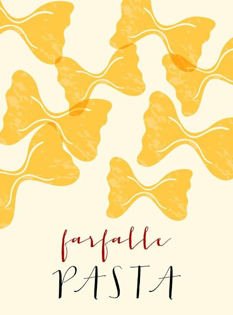 Farfalle Italian pasta. Farfalle poster illustration. Modern print for menu design, cookbooks, invitations, greeting cards. Italian Menu Design, Italian Graphic Design, Italian Illustration, Pasta Illustration, Pasta Farfalle, Pasta Poster, Sicilian Summer, Italian Artwork, Vintage Food Posters