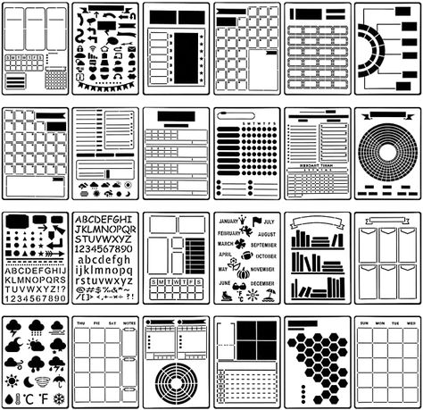 Amazon.com: 24 Pieces Journal Stencil Set Plastic Planner Bullet Journaling Stencils Ultimate Productivity Stencil DIY Templates to Create Calendars Schedule for A5 Journal Scrapbooking Notebook (Simple Style) : Arts, Crafts & Sewing Journal Stencils Templates, Journaling Stencils, Scrapbook Stencils, Bullet Journal Templates, Journal Stencils, Diy Kalender, Bu Jo, Bullet Journal Stencils, Scrapbook Design Layout