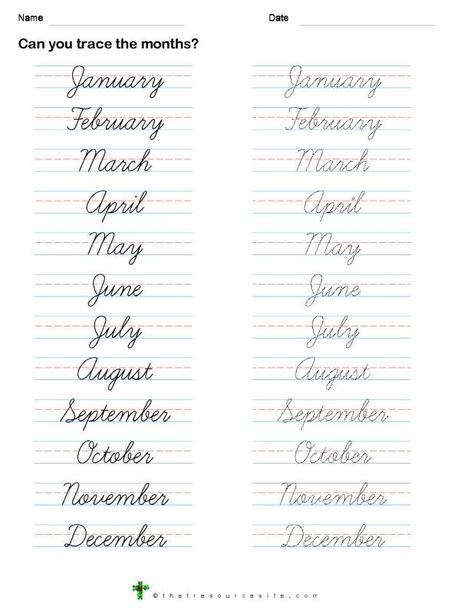 English Cursive Writing Worksheets, Cursive Months Of The Year, Cursive Words Practice, Cursive Handwriting Practice Sentences, Cursive Practice Sheets Free Printable, Cursive Worksheets Printables Free, Months In Cursive, Cursive Months, Cursive Handwriting Practice Printable