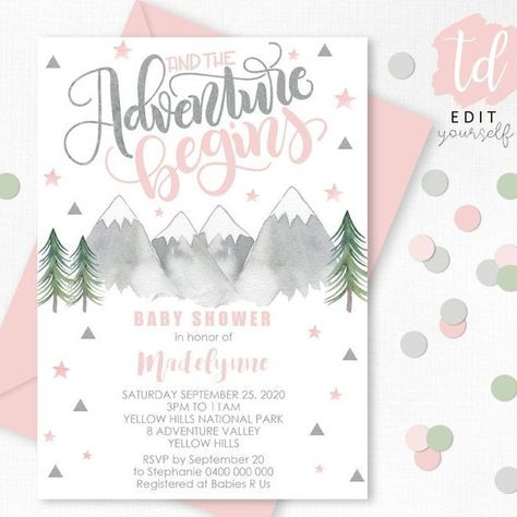 Let The Adventure Begin Baby Shower Girl, Outdoorsy Baby Shower, Mountain Baby Shower Theme, Adventure Baby Shower Theme, Camping Baby Shower Theme, Girl Adventure, Camping Baby, Adventure Awaits Baby Shower, Baby Shower Invitation Girl