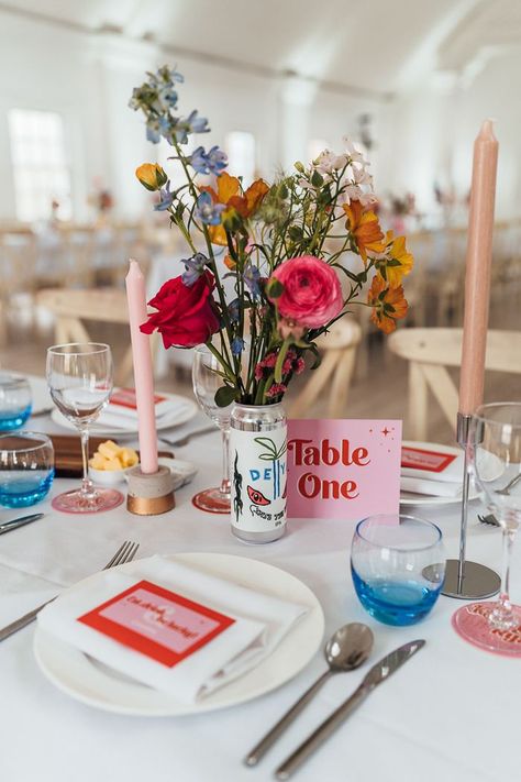 A tablescape featuring spring blooms in beer cans, colorful taper candles in DIY gold holders. l Image by The Shannons Wildflower Wedding Decor, Taper Candles Wedding, Ultimate Wedding Planning Checklist, Wedding Tableware, Wedding Decor Ideas, Diy Gold, Bridal Studio, Best Wedding Favors, Beer Cans