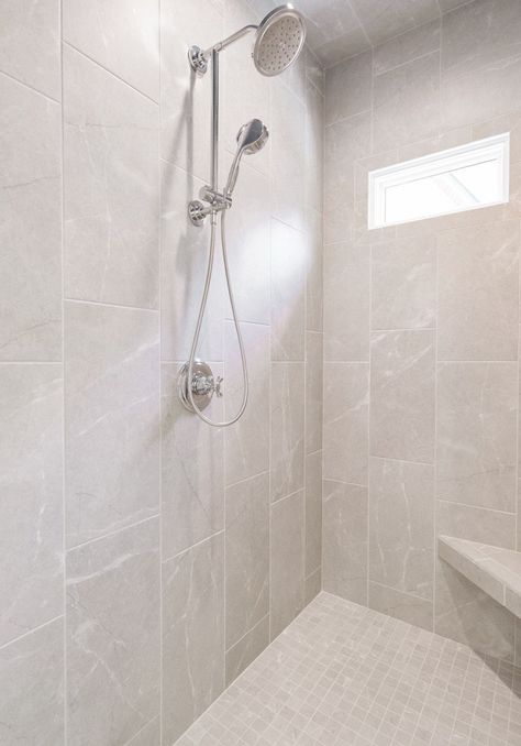 Vertical Shower Tile, Shower Layout, Large Tile Bathroom, Large Shower Tile, Tile Walk In Shower, Shower Wall Tile, Window In Shower, Ideas For Bathroom, Master Shower