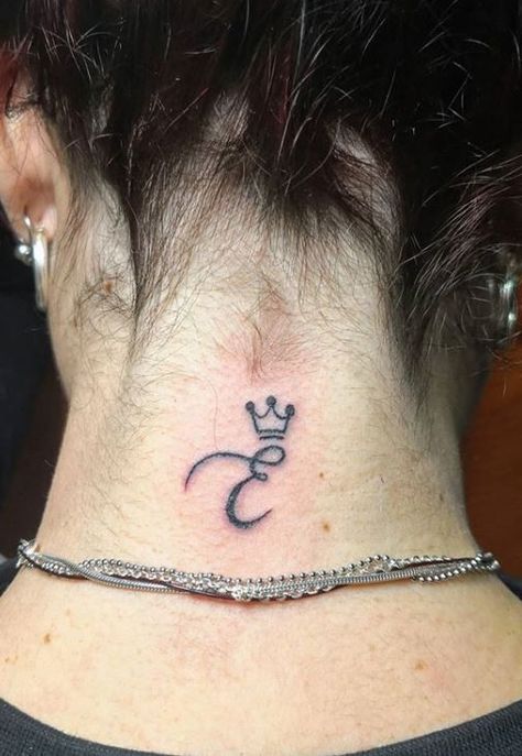 E Tatoos Letter, E Letter Tattoo, Letter E Tattoo Ideas, E Tattoo Letter, Letter E Tattoo, Behind The Neck Tattoos, Tatts Ideas, Letter Tattoos, Dark Hair With Highlights