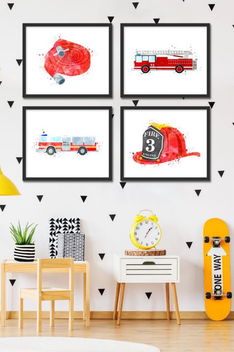 Fire Department Nursery, Fire Truck Themed Bedroom, Fire Truck Toddler Room, Firetruck Bedroom Ideas, Firetruck Bedroom Boys, Firefighter Bedroom, Fire Truck Bedroom, Firefighter Room, Fire Truck Room