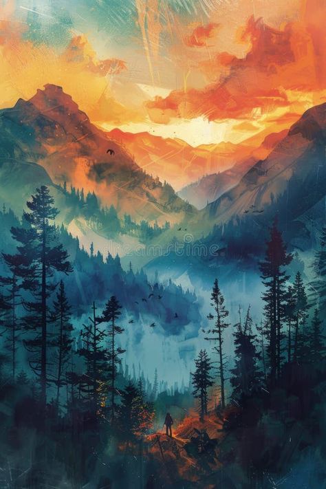 Stunning Sunrise Over Misty Mountain Landscape with Pine Trees and Lone Figure royalty free stock image Mountain Scenery Drawing, Mountain Sunrise Painting, Dance Art Drawing, Mountain Scape, Horizontal Painting, Mountain Landscape Painting, Sunrise Painting, Sunrise Pictures, Misty Mountain