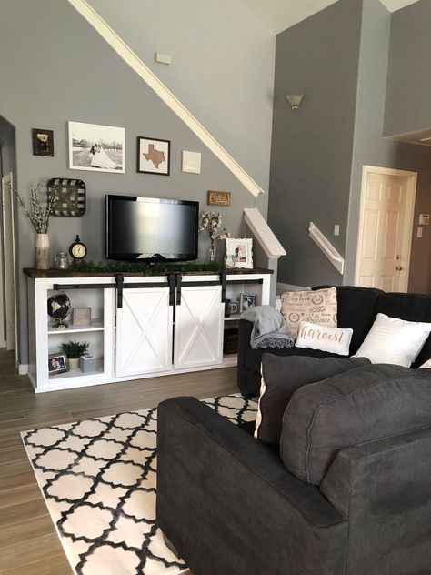 Farmhouse TV console under stairs wall using Anna White's plans Console Under Stairs, Wall Under Stairs Decor, Under Stairs Closet Organization, Staircase Storage Ideas, Under Staircase Storage, Ideas Under Stairs, Storage Ideas Closet, Tall Ceiling Living Room, Under Staircase