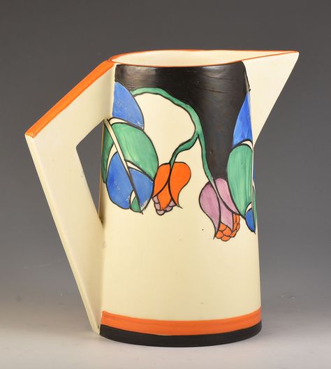 Clarice Cliff LATONA BOUQUET CONICAL JUG C.1930 Rebecca King, Pottery Jugs Design, Colourful Pottery, Claris Cliff Designs, Claris Cliff, Art Deco Vases Pottery, Clarice Cliff Art Deco, Pottery Tea Pot, Earthenware Jug