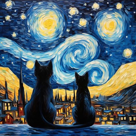 starry night, cat, van gogh, famous, oil painting, monet, masterpiece, post impressionist, vincent willem van gogh, artist, famous painter, stars, post impressionism, blue, vangoholic Star Night Painting Vincent Van Gogh, Cat Van Gogh, Van Gogh Aesthetic, Painting Monet, Vincent Willem Van Gogh, Gogh The Starry Night, Van Gogh Inspired, Inspired Painting, Starry Night Painting