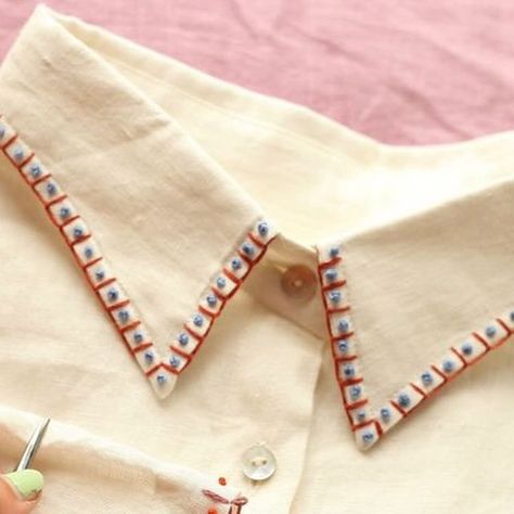 Wide Sleeve Shirt, Visible Mending, Embroidery Stitches Tutorial, Embroidery Works, Linen Shirts, Embroidered Collars, Embroidery On Clothes, French Knots, Handwork Embroidery Design