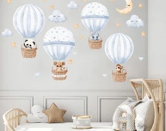 Nursery Decals Girl, Hot Air Balloon Nursery, Jungle Decor, Safari Animals Nursery, Wall Furniture, Animal Wall Decals, Nursery Theme, Nursery Decals, Kids Wall Decals