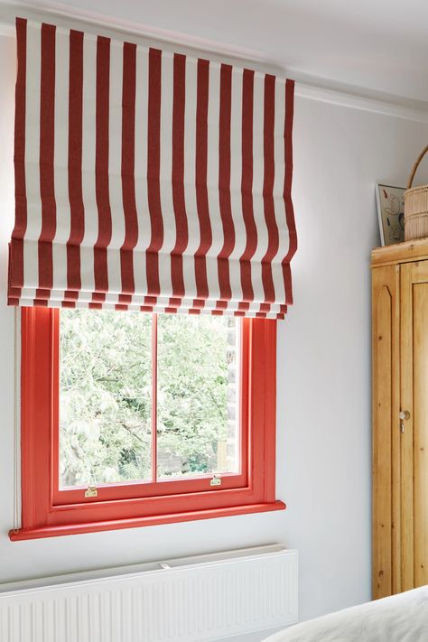 Wide Striped Curtains + Blinds | Inspired by Amalfi Utility Makeover, Striped Blinds, Painted Blinds, Colourful Curtains, Roman Blinds Bedroom, Roman Blinds Living Room, Bedroom Window Treatments, Wisteria Cottage, Traditional Roman Blinds