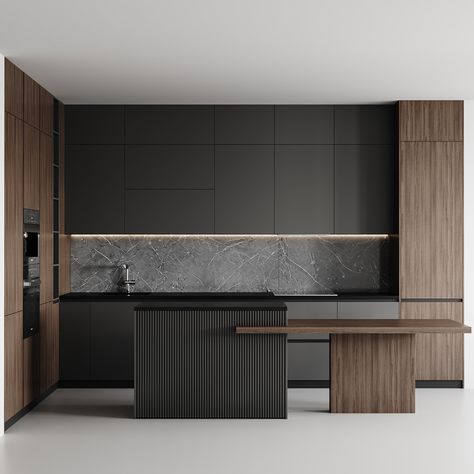 modern kitchen-018 :: Behance Dark Modern Kitchen, Luxury Black Kitchen, Contemporary Black Kitchen, Main Kitchen, Modern Wooden House, Modern Contemporary Kitchen, Contemporary Kitchen Cabinets, Industrial Kitchen Design, Tiny House Inspiration