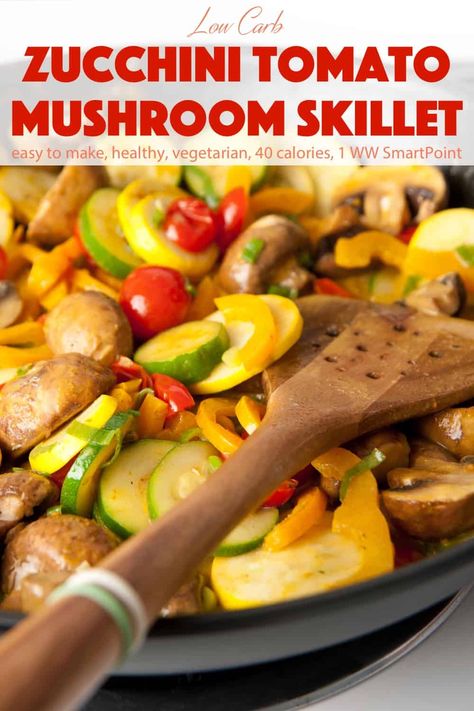 This Zucchini Tomato Mushroom Skillet is an easy, healthy and delicious way to serve up some vegetables. Since all these vegetables are zero points, the only ingredient that adds a point is the oil. Turn into a one-dish meal by adding the protein of your choice - chicken, sausage, shrimp, tofu, beans, etc. #healthyveggieskillet #zucchinitomatomushroomskillet #healthyvegetableskillet #lowcarbskillet #lowfatskillet #veggieskillet #skillet Veggies Meals, Shrimp Tofu, Mushroom Skillet, Mushroom Zucchini, Mushroom Tomato, Sausage Shrimp, Paleo Ideas, Zucchini Tomato, Chicken Shrimp