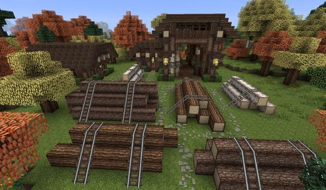 Minecraft - Lumberjack Overview by Shroomworks Lumberjack Minecraft, Minecraft Lumberjack House, Minecraft Forest Village, Minecraft Forest Builds, Minecraft Forest House, Minecraft Forest, Château Minecraft, Minecraft Medieval Village, Minecraft Barn