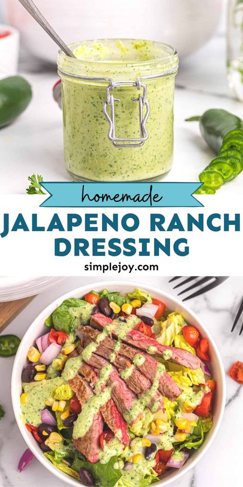 This Jalapeño Ranch Dressing is your favorite ranch dressing recipe, with a simple spicy kick. It is delicious and perfect on any salad! Poblano Ranch Dressing, Jalapeño Ranch Dressing Recipe, Jalapeño Ranch Dressing, Basic Sauces, Homemade Jalapeno Ranch Dressing, Jalapeño Dressing, Layered Salads, Salsa Ranch Dressing, Jalapeño Ranch