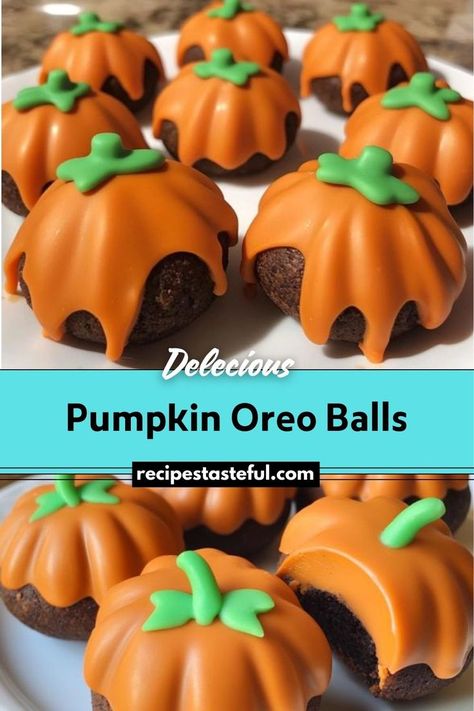 Pumpkin Oreo Balls are a festive no-bake treat perfect for Halloween or autumn celebrations. These bite-sized desserts feature a creamy mixture of crushed Oreos and cream cheese, coated in orange candy melts, and topped with pretzel sticks and green leaf decorations to resemble adorable little pumpkins. Oreos And Cream Cheese, Halloween Oreo Balls, Pumpkin Balls, Cream Cheese Oreo, Halloween Oreos, Easy Treats To Make, Oreo Balls, Types Of Candy, Chocolate Sticks