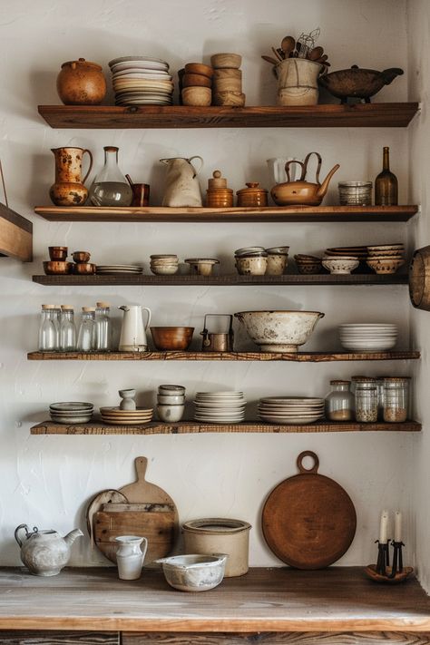 Kitchen Wall Of Shelves, Modern Vintage Kitchen Decor, Wooden Shelves In Kitchen, Kitchen Arrangement Ideas, Kitchen Wall Shelf Ideas, Vintage Kitchen Wall Decor, Small Kitchen Shelf, Minimal Kitchen Decor, Open Shelving In The Kitchen