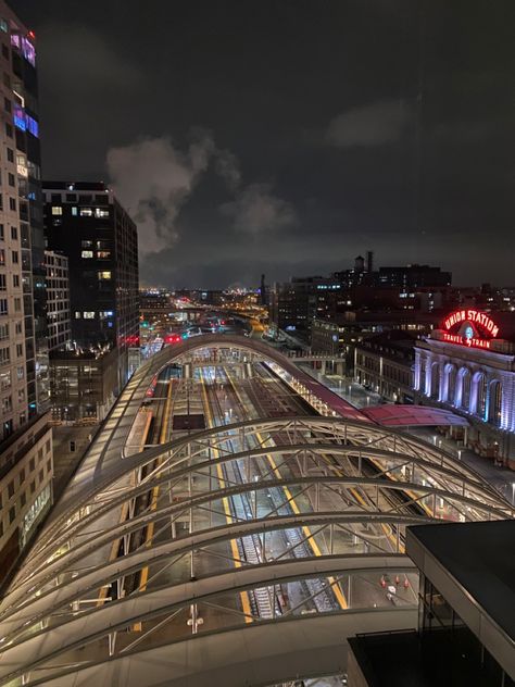 Night time Denver train station view from  top of a 10 story hotel Downtown Denver Aesthetic, Hotel Room Video, Denver Colorado Aesthetic, Denver Aesthetic, Denver Colorado Downtown, Denver Union Station, Downtown Denver Colorado, Colorado Aesthetic, Colorado Life