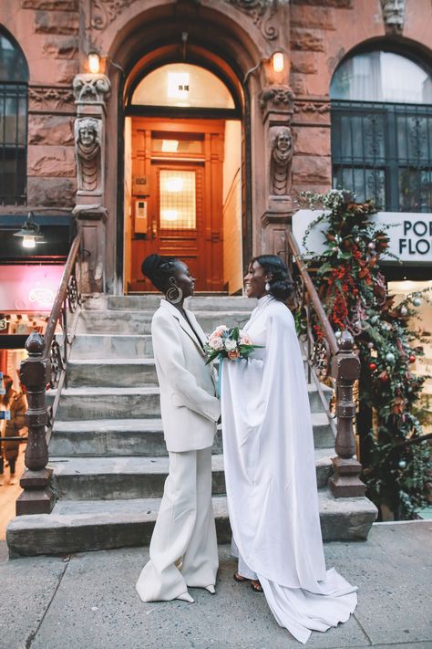 Aweng Chuol, Wlw Wedding, Dressed In White, Queer Weddings, Nyc Elopement, Two Brides, City Hall Wedding, Beautiful Suit, Lesbian Wedding