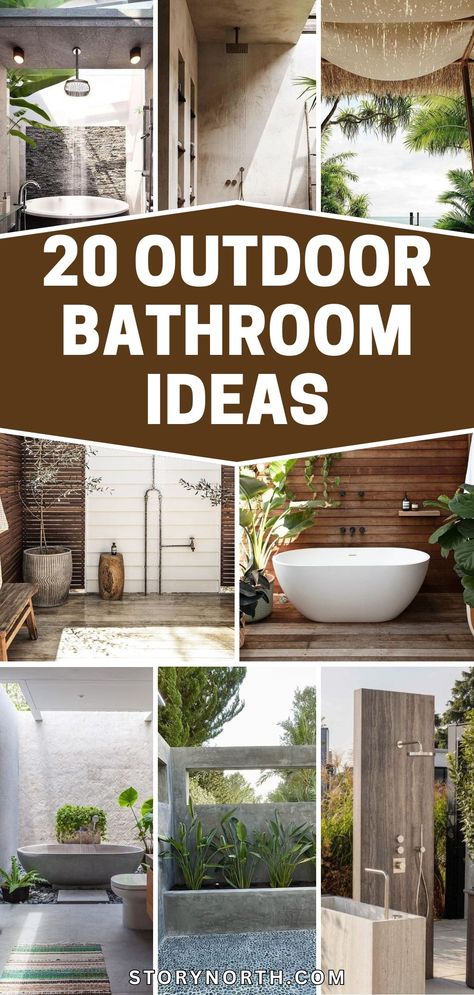 Save this pin for inspiring outdoor bathroom designs to create your own backyard oasis. Elevate your outdoor space with these creative ideas! #OutdoorBathroom #BackyardOasis #HomeDecorIdeas Resort Style Bathroom, Outdoor Bathroom Design Ideas, Bathroom Shelf Decor Ideas, Outdoor Bathroom Ideas, Creative Bathroom Storage Ideas, Copper Soaking Tub, Cute Bathroom Ideas, Indoor Outdoor Bathroom, Tropical Outdoor