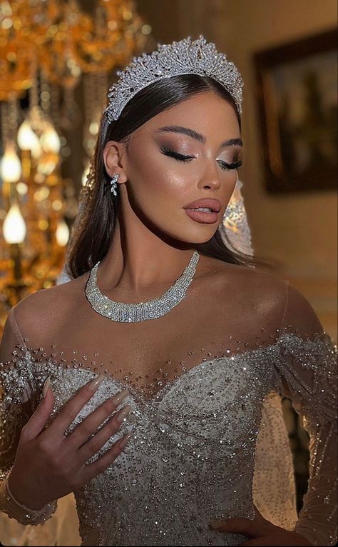 Veil And Crown, Bride Hairstyles With Veil, Glam Bride Makeup, Hairstyles With Veil, Bride Head, Glam Wedding Makeup, Glam Bride, Sleek Updo, Wedding Hairstyles Bride