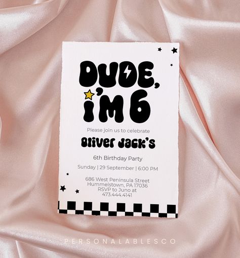 Buckle up for a rockin' good time with our One Happy Dude Birthday Invitation! Bursting with personality and style, this invitation boasts a trendy black and white design complete with checkered prints, lightning bolts, sunglasses, and stars. Say goodbye to boring invites and hello to a birthday bash that's as unique as your little one! ❥  MATCHING ITEMS  * * *    × Want everything to match? Find the entire collection of this design from the link below & enjoy 60% OFF when you order 3 or more it Sixth Birthday Theme Boy, Dude Birthday Party, One Happy Dude Birthday, Dude Birthday, One Happy Dude, Rock N Roll Party, Love Website, 6 Birthday, Lightning Bolts