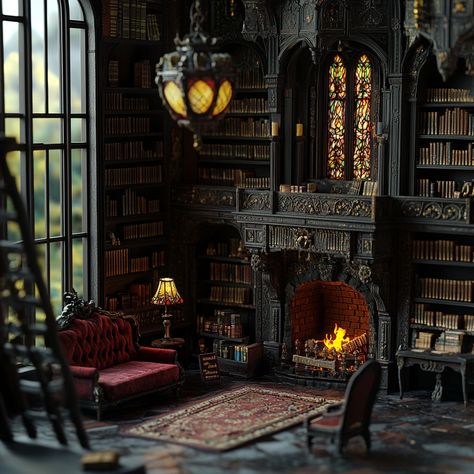 old gothic library, old books on all shelves, stained glass lamp, large velvet stuffed chairs Old Gothic Library, Bookstore Ideas, Gothic Library, Gothic Books, Stained Glass Lamp, Lamp Large, Miniature Rooms, Stained Glass Lamps, Book Nook