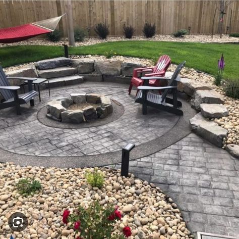 Fire Pit Stamped Concrete, Concrete Fire Pits Patio, Stamped Concrete Patio With Fire Pit, Stamped Concrete Fire Pit Area, Concrete Fire Pit Area, Stamped Concrete Fire Pit, Cabin Backyard, Fire Pit Ideas Backyard, Backyard Concrete