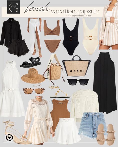 Minimal Beach Vacation Outfits, Neutral Holiday Outfits Summer, Beach Vacation Outfits Capsule, Neutral Cruise Outfits, Summer Holiday Outfits Beach Vacation Style Capsule Wardrobe, Neutral Hawaii Outfits, Neutral Summer Vacation Outfits, Summer Outfits Resort, Neutral Beach Vacation Outfits