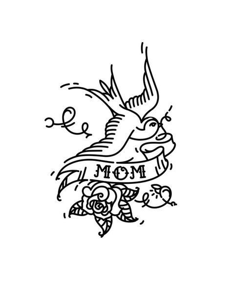 A tattoo of a bird with the inscription of Mom and a rosebud at the bottom. Vector illustration. Tattoo American old school. Bird Swallow with ribbon and flower. Contour version of the tattoo. Tattoo Bird, Sailor Jerry Tattoos, Swallow Tattoo, Ribbon Tattoos, Illustration Tattoo, Flower Tattoo Shoulder, Flower Tattoo Sleeve, B Tattoo, Black And White Sketches