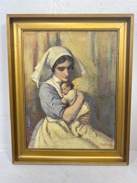 Portrait in oil of a Nurse or mid wife  cradling a baby in her arms 1950s by Beryl Trist, gilt fr Mid Wife, Ming Dynasty Art, Qing Dynasty Art, Vintage Glassware Antiques, Tiffany And Co Jewelry, Silver Vase, Fine Art Drawing, Jewelry Auction, Fine Art Photography Print