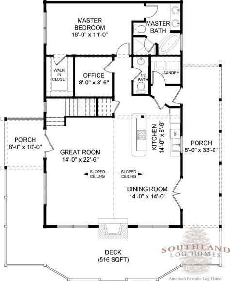 House Plans With Office, Bedroom With Office, 1 Bedroom House Plans, Log Cabin Plans, Guest House Plans, Small Home Plans, Office Floor Plan, Log Home Plans, 1 Bedroom House