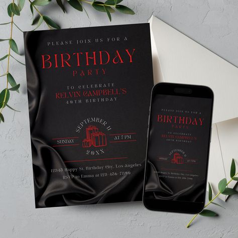 Looking for an elegant invitation for a birthday celebration? Look no further! This digital invitation is perfect for any milestone birthday, be it the 18th, 30th, 40th, or 50th! With an editable Canva template, you can easily customize the details to suit your party theme. Whether it's a mobile phone party or a sophisticated affair, this black and red adult invitation with a touch of masculine satin silk is just what you need! Details: elegant digital birthday invitation template with black and red adult satin silk design, birthday party invitation.  To See Other Matching Items https://etsy.com/shop/iBirthdayInvitation?section_id=46667192  Editable Template ▸ This item is a DIY Template. You will need to change the information by themselves. This item excludes any custom design services. Red Party Themes, Pink Feminine, Silk Design, 21st Birthday Invitations, Bday Party Theme, Design Birthday, Pink Color Schemes, Elegant Birthday, Black Invitation