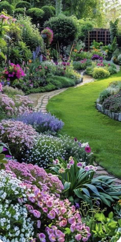 Colorful Backyard Landscaping, Year Round Blooming Garden, Flower Garden Decoration Ideas, Boho Flower Beds In Front Of House, Perineal Landscaping Ideas, Backyard Flower Beds, Flower Beds In Front Of House, Garden Flower Bed Ideas, Flower Bed Designs Layout