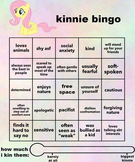 Fluttershy Kinnie Bingo, Mlp Kinnie Bingo, Kinnie Bingo Steven Universe, Madoka Kinnie Bingo, Twilight Sparkle Kinnie Bingo, Character Bingo Kinnie, Genshin Kin Bingo, Kinnie Bingo, Danganronpa Bingo Kin