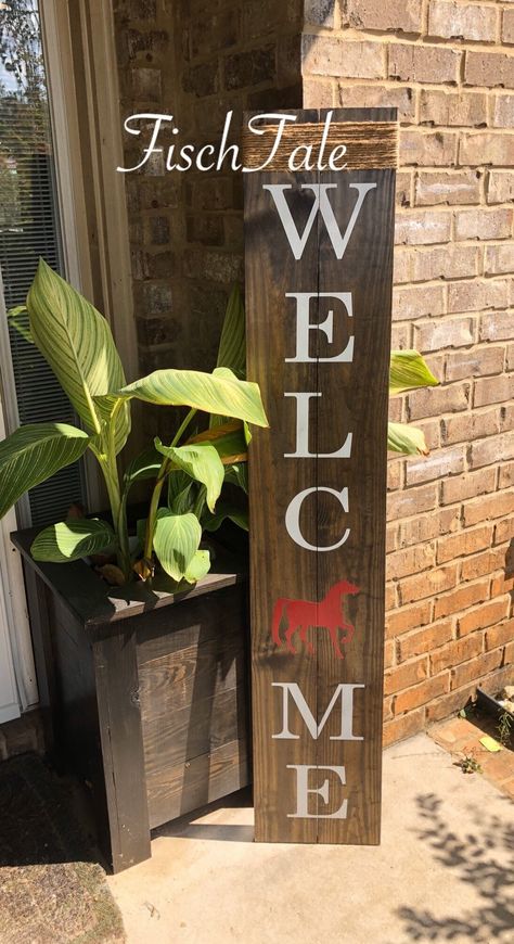 "Our wide five foot welcome sign (the biggest and widest we offer) with the horse symbol is a perfect way to show your love of the farm on your porch!  We can do any symbol, just send us a message or list it in the \"Add your personalization\" box under the drop down menus. *Leave any specific style choices in the \"Add your personalization\" box under the drop down menus. Option 1: The sign itself is painted and the symbol shows the stain.  Option 2: The symbol is painted and the rest of the si Horse Symbol, Large Shutters, Beach Porch, Welcome Wood Sign, Nautical Signs, Horse Sign, Board Painting, Wooden Welcome Signs, Porch Welcome Sign