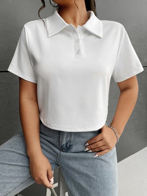 White Casual Collar Short Sleeve Knitted Fabric Plain  Embellished High Stretch  Women Plus Clothing Collar T Shirts For Women, White Polo Shirt Outfit, Polo Shirt Outfits, Polo Fashion, Slim Blouse, Oversized Tees, White Polo Shirt, Effortlessly Chic Outfits, Stylish Glasses