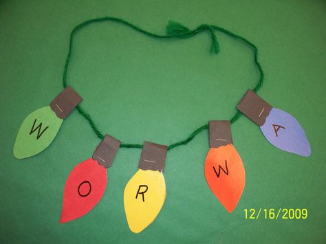 Light Bulb Name Necklace---Student can lace a necklace by writing their letters of their name on each  light bulb. Preschool Name Necklace, Christmas Light Necklace Craft, Christmas Light Names Preschool, Christmas Light Name Craft, Christmas Necklace Craft, Preschool Christmas Gifts, Christmas Light Necklace, Prek Christmas, Make A Banner