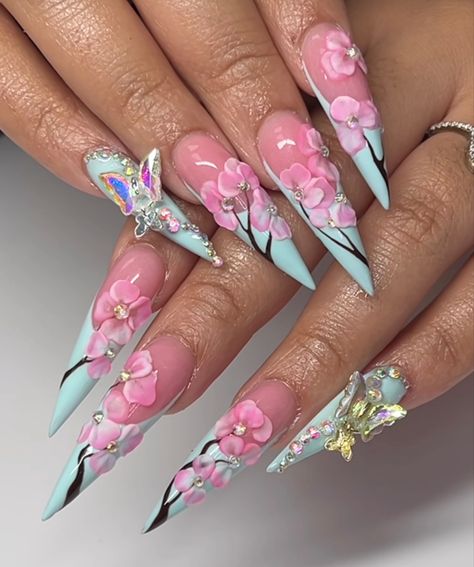 Thailand Nails Designs, Boujie Nails, Doll Nails, Bedazzled Nails, Silhouette Nails, Nature Nails, Stilleto Nails Designs, Cherry Blossom Nails, Gel Toe Nails