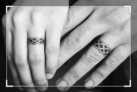 Celtic Love Knot Ring Tattoo, Celtic Knot Wedding Ring Tattoo, Nordic Ring Tattoo, Celtic Ring Tattoo Bands, Celtic Knot Ring Tattoo, Viking Wedding Ring Tattoos, Celtic Wedding Ring Tattoo, Matching Ring Tattoos, Knot Ring Tattoo