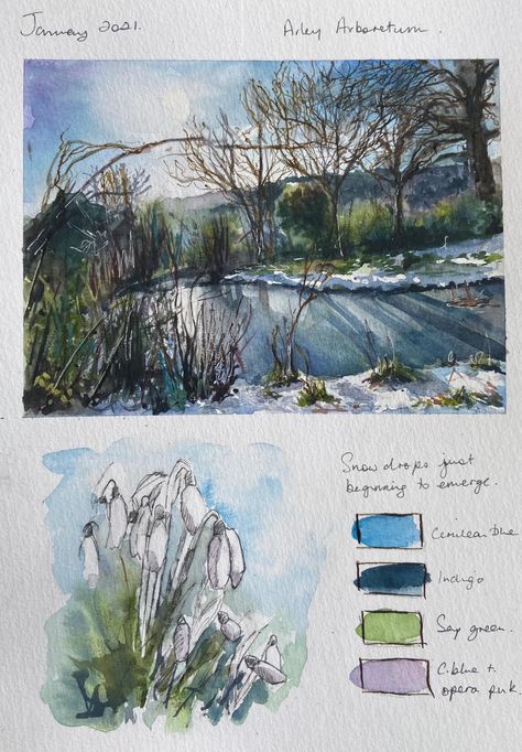 Arley Seasonal Journal. Thank you to a_aradilla for the excellent journaling course! | Domestika Watercolour Exercises, Seasonal Journal, Nature Sketching, Landscape Journal, Watercolor Scenes, Watercolour Sketchbook, Watercolor Guide, Botanical Sketchbook, Travel Art Journal