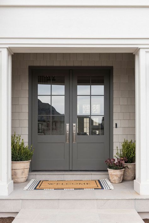 How to Layer Your Rugs Neutral Front Door, Modern Exterior Paint Colors, Painted Exterior Doors, Exterior Paint Color Combinations, Front Door Paint, Best Gray Paint, Best Gray Paint Color, Neutral Interior Design, Best Exterior Paint