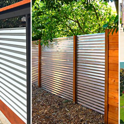 Home design - 40 Corrugated Metal Fence Ideas to Create a... | Facebook Metal Fence Ideas, Sheet Metal Fence, Corrugated Metal Fence, Mid Century Landscape, Modern Courtyard, Entry Signs, Privacy Walls, Modern Fence, Metal Fence