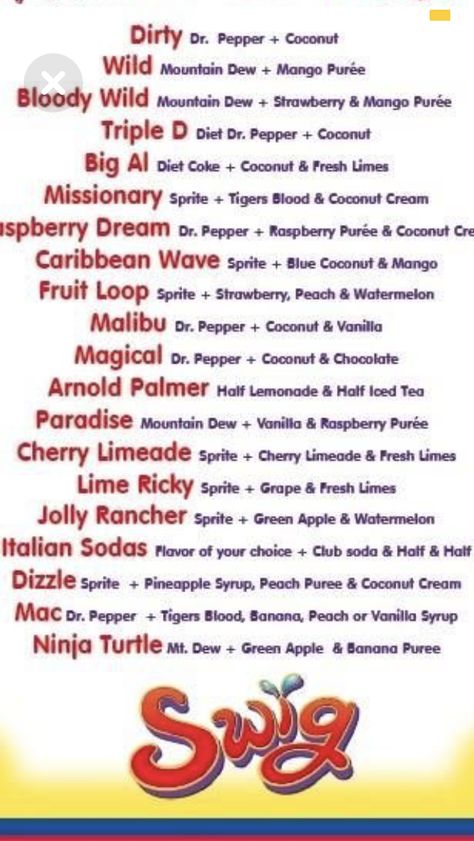 Gourmet Soda Recipes, Dr Pepper Dirty Soda Recipes, Sodalicious Drink Recipes, Flavored Soda Recipes, Torani Syrup Recipes Drinks Red Bull, Soda Shop Recipes, Swig Drink Recipes, Soda Recipes Drinks, Italian Soda Flavors Combinations