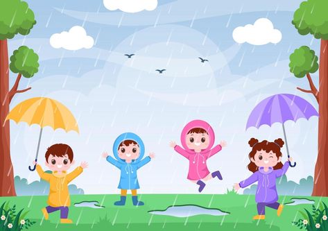 Cute Kid Wearing Raincoat, Rubber Boots and Carrying Umbrella In the Middle of Rain Showers. Flat Background Cartoon Vector Illustration for Banner or Poster Rain Cartoon, Drawing Pictures For Kids, Nursery Rhymes Lyrics, Umbrella Illustration, Background Cartoon, Flat Background, Kids Worksheets Preschool, Raincoat Kids, Muslim Kids