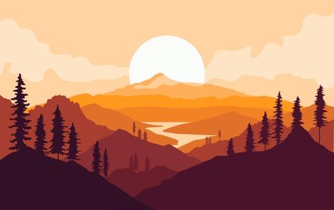 Autumn Mountains, Landscape Silhouette, Sunrise Mountain, Forest Silhouette, Mountain Silhouette, Mountain Background, Mountain Illustration, Night Background, Mountains Landscape