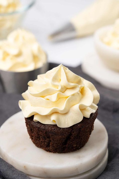 French buttercream on a chocolate cupcake. French Buttercream Frosting Recipe, French Buttercream, Italian Buttercream, Baking 101, Chantilly Cream, Italian Meringue, Buttercream Frosting Recipe, Vanilla Flavor, Swiss Meringue Buttercream