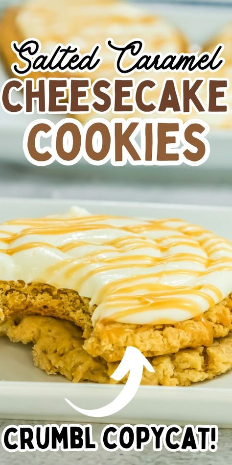 Salted caramel cheesecake cookies on a plate. Caramel Cheesecake Cookies, Crumbl Copycat, Cheesecake Cookie, Graham Cracker Cookies, Pineapple Dessert Recipes, Butter Pecan Cake, Salted Caramel Cheesecake, Pineapple Desserts, Cracker Cookies