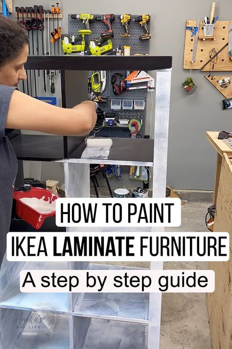 The complete step by step guide with a full video tutorial on how to paint Ikea laminate furniture with NO sanding for a long-lasting finish. Painting Ikea Furniture, Painting Laminate Furniture, Painting Laminate, Laminate Furniture, Easy Ikea Hack, Ikea Desk, Wallpaper Interior Design, Ikea Hack Ideas, Ikea Furniture Hacks