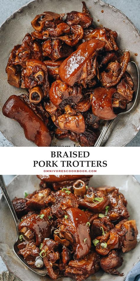 These braised pork trotters are fall-off-the-bone tender and have a rich savory taste. It’s an affordable way to create a scrumptious and filling main dish that is full of collagen and healthy fats. Pork Feet Recipe, Chinese Braised Pork, Pork Trotters, Pig Feet Recipe, Asian Pork, Pork Belly Recipes, Chinese Cooking Recipes, Catering Ideas Food, Braised Pork